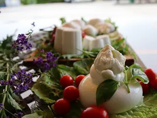 Una burrata e le ricotte su foglie di lattuga, con pomodorini e fiori viola