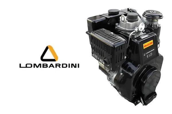 Il logo Lombardini accanto a un motore diesel Lombardini 6 LD
