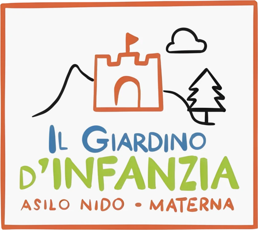Il logo: un castello, un monte e un abete disegnati a pennarello, sopra la scritta Il Giardino d’Infanzia, asilo nido e materna