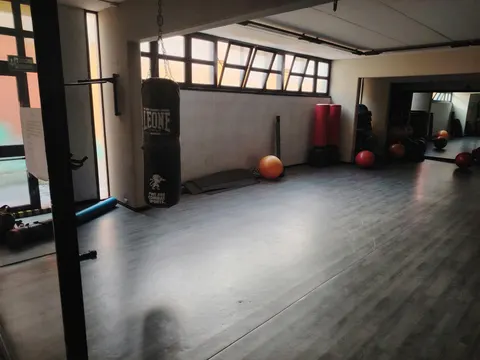 La sala con il sacco da boxe appeso, le finestre in alto e le palle mediche a terra
