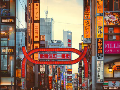 L’arco rosso all’ingresso di Kabukicho, a Shinjuku, tra le insegne