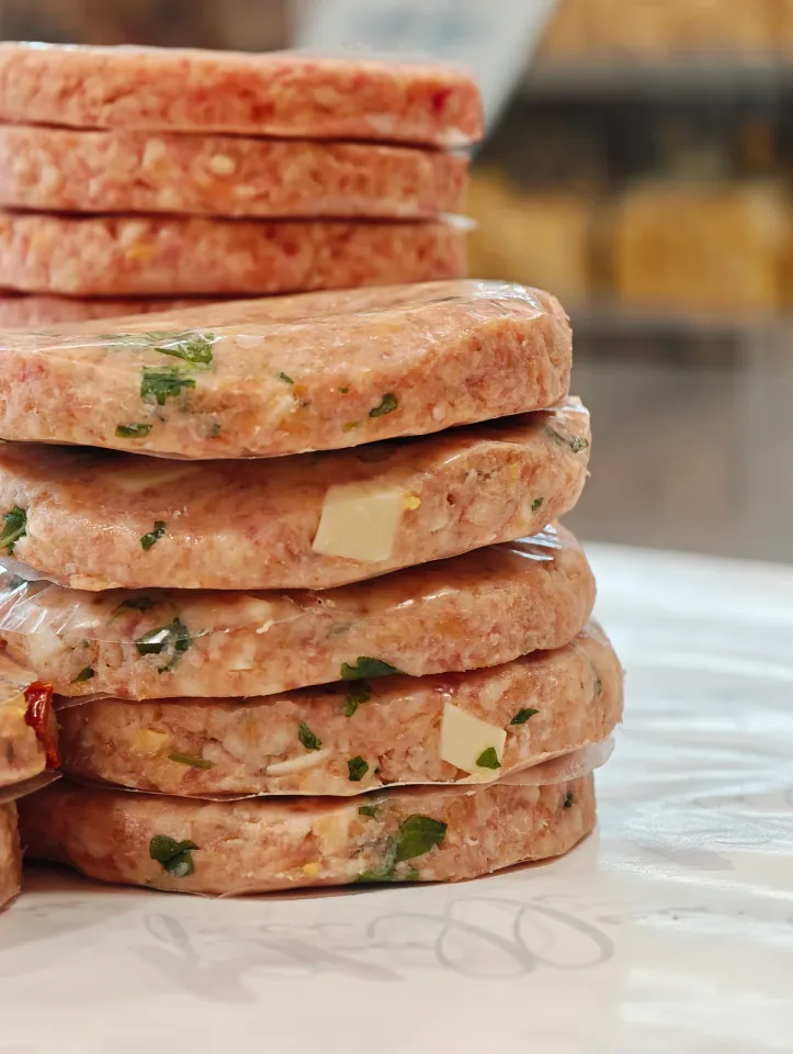 Hamburger con prezzemolo e cubetti di formaggio in primo piano