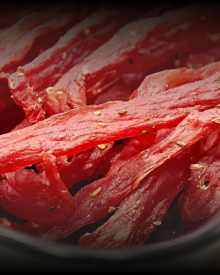 Striscioline di carne essiccata con semi di finocchio, primo piano nella ciotola