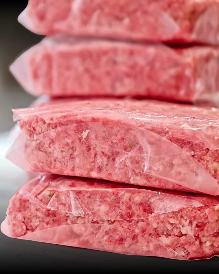 Panetti di macinato sottovuoto impilati contro un fondo chiaro