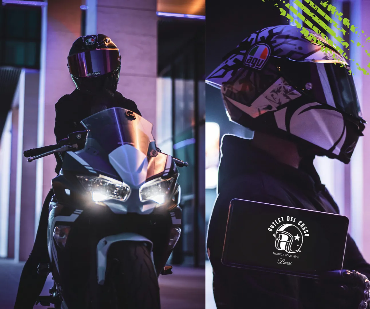 Una motociclista in sella sotto le luci viola della sera e, accanto, un pilota con il casco che tiene una scatola con il logo di Outlet del Casco