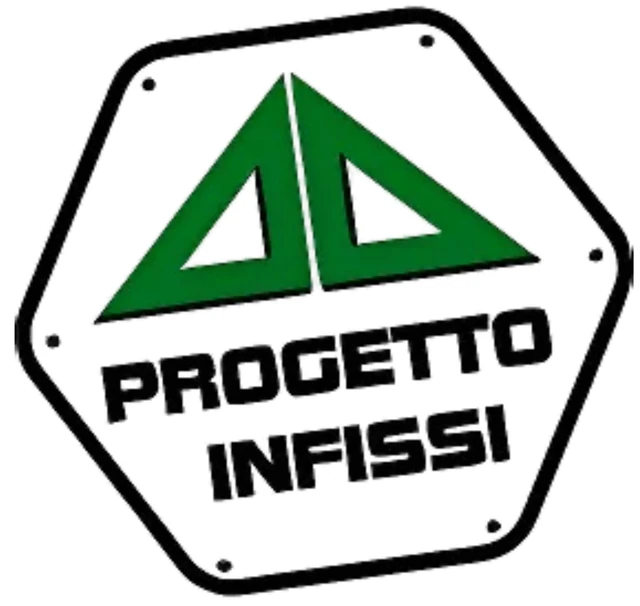 Il logo di Progetto Infissi: due squadre verdi su una targa esagonale