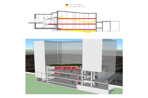 Sezione di progetto di un edificio, con i solai nuovi in rosso e quelli esistenti in giallo, e il modello in spaccato