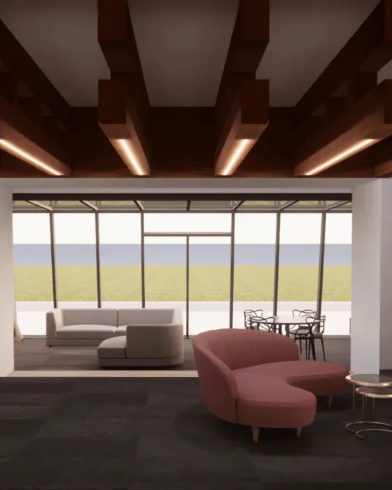 Render di un soggiorno con le travi di legno illuminate, un divano rosa curvo e la vetrata sul giardino